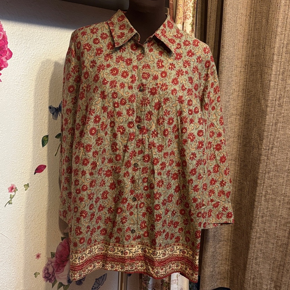 Chaps red orange and olive green floral long sleeve collared blouse. Size 2X. - Picture 5 of 17